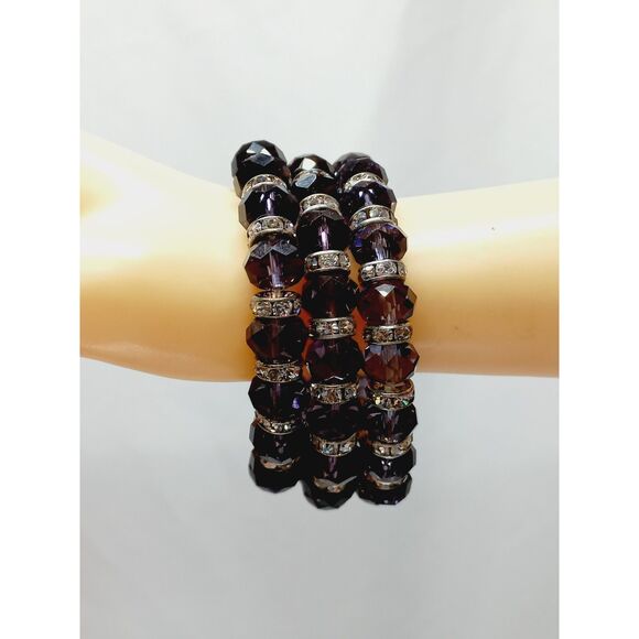 Purple Multi-Faceted Crystal Bracelets Set of 3 w/sparkling crystal rondelles - Picture 5 of 10
